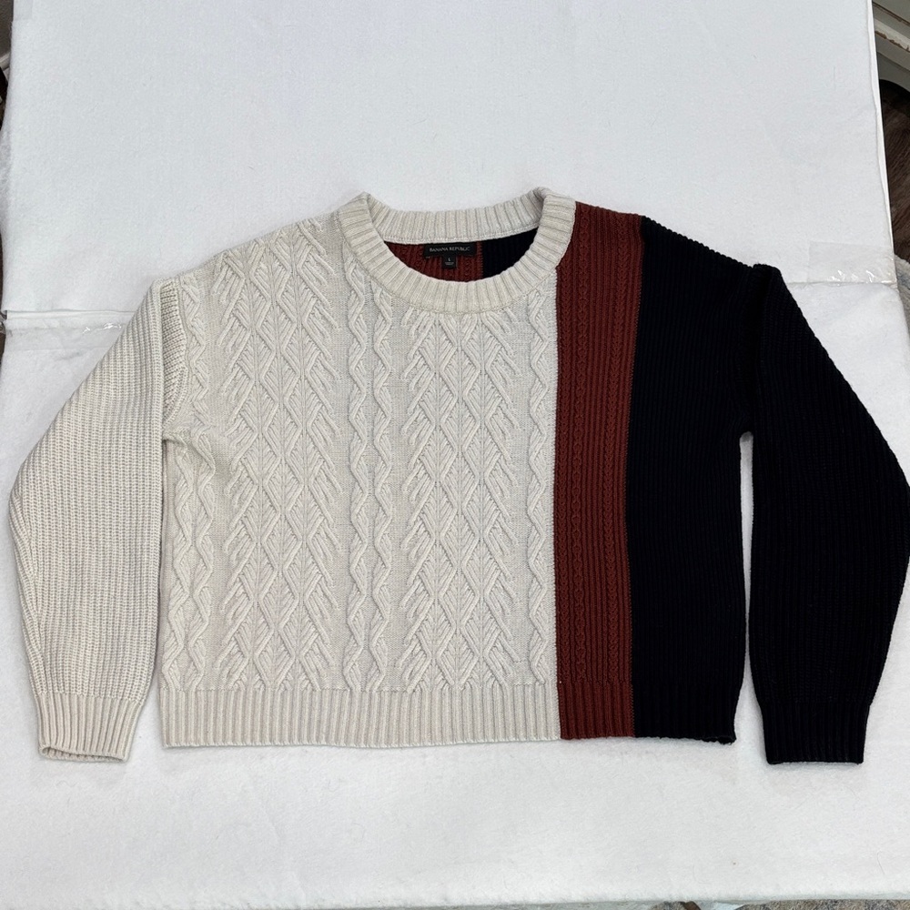 Banana Republic Large Colorblock Cable Knit Sweater Cream Navy Rust Wool Blend